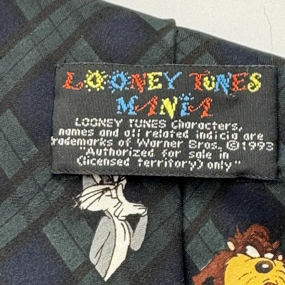VTG 1993 Looney Tunes Tie Blue Plaid Mania‎ Tweety Taz Daffy Bugs Sylvester 90s